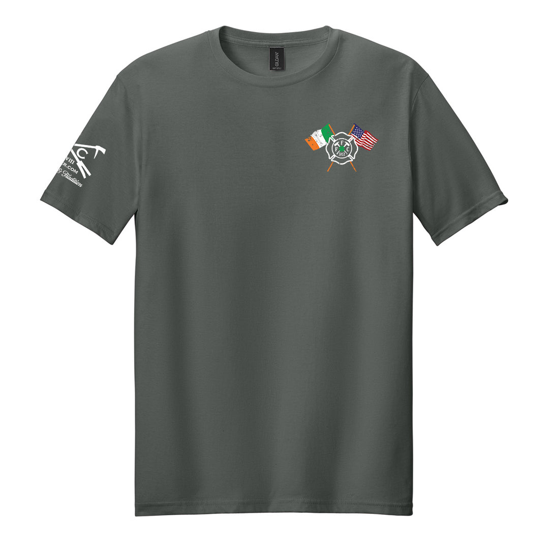 A dark gray crewneck t-shirt with a small graphic on the left chest featuring crossed flags and an Irish clover emblem, displayed on a clean white background.  #color_charcoal