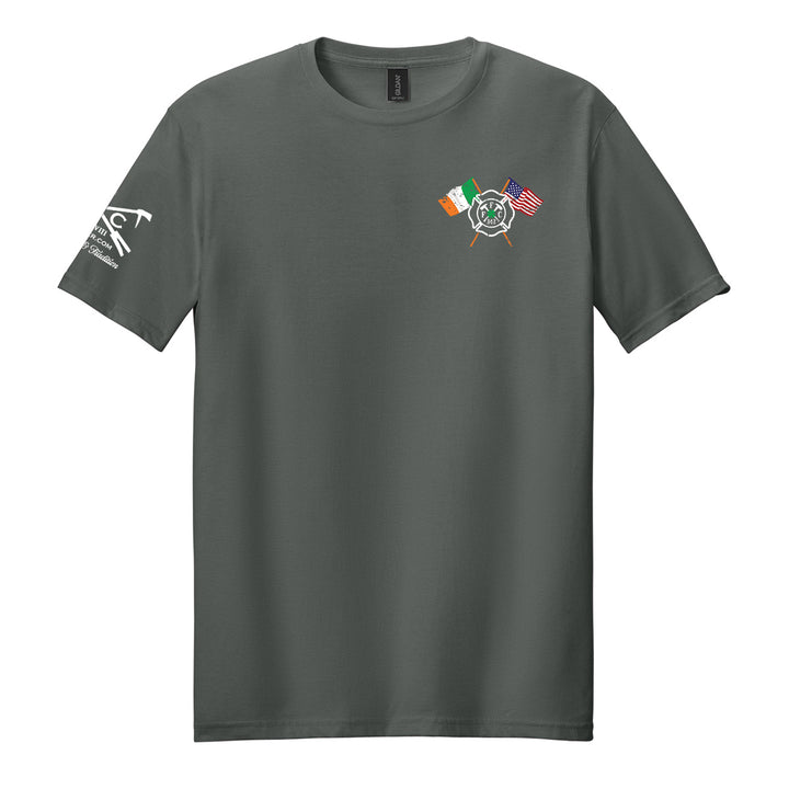 A dark gray crewneck t-shirt with a small graphic on the left chest featuring crossed flags and an Irish clover emblem, displayed on a clean white background.  #color_charcoal