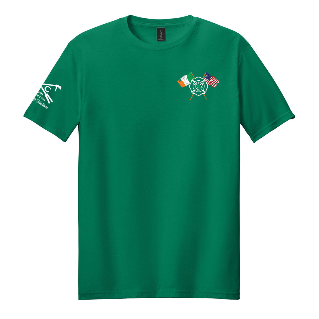 A green short-sleeve crewneck t-shirt with a small graphic on the left chest featuring crossed flags and a central emblem, and a white graphic on the right sleeve. #color_kelly-green