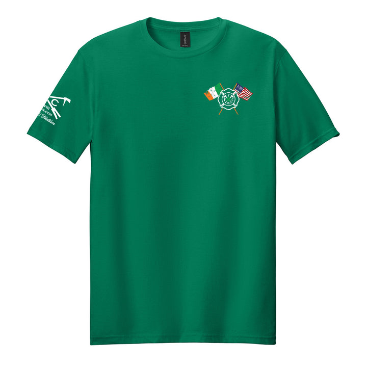 A green short-sleeve crewneck t-shirt with a small graphic on the left chest featuring crossed flags and a central emblem, and a white graphic on the right sleeve. #color_kelly-green