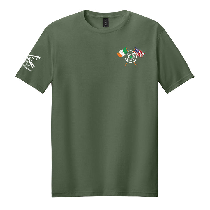 An olive green short-sleeve crewneck t-shirt with a small graphic on the left chest featuring crossed flags and an Irish emblem, displayed on a clean white background. #color_military-green
