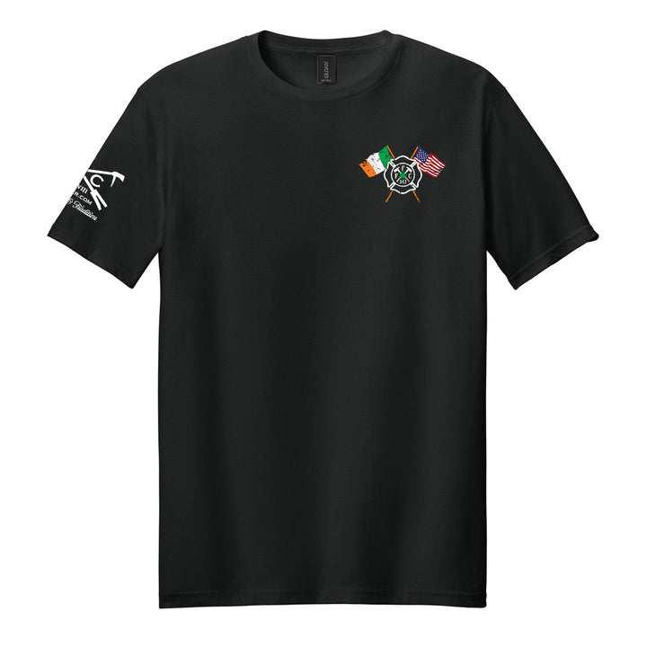 A black short-sleeve crewneck t-shirt with a small graphic on the left chest featuring crossed flags and a central emblem, and a white graphic on the right sleeve, shown against a plain white background. #color_black