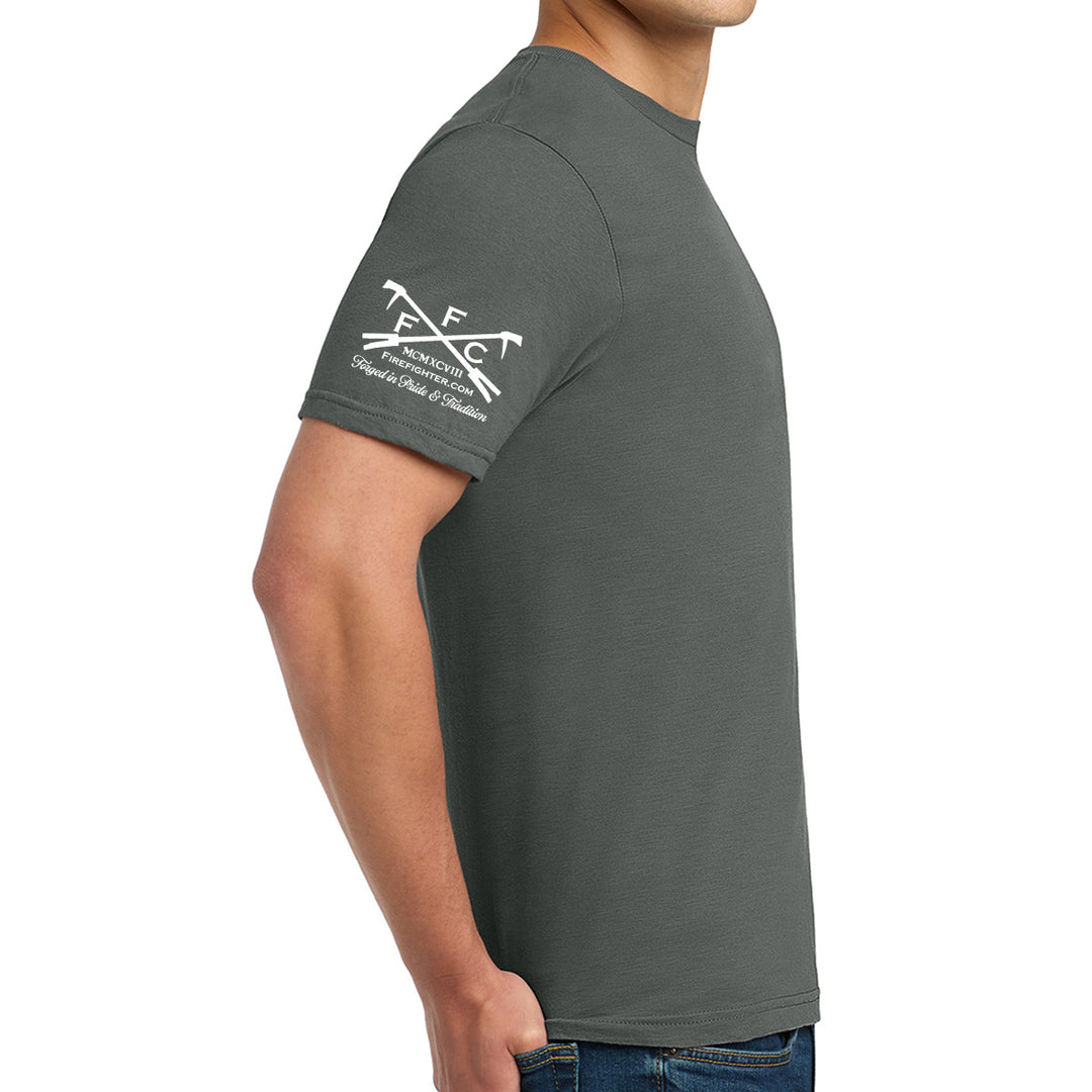 A man wearing a dark gray crewneck t-shirt with a white FFC official  logo on the right sleeve, shown from a side profile view against a plain white background. #color_charcoal