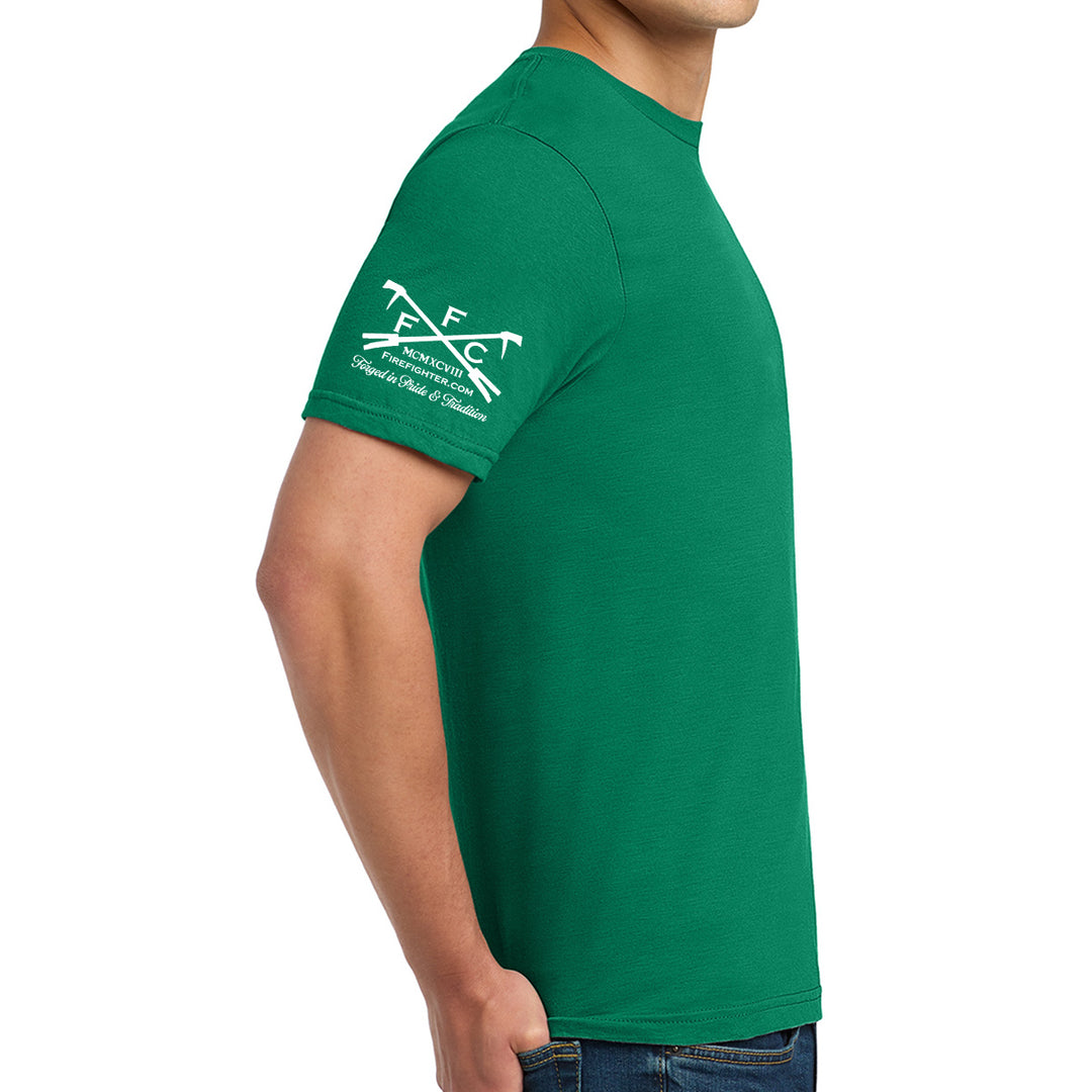 A man wearing a green short-sleeve t-shirt with a white printed FFC logo on the right sleeve, shown from a side profile against a white background. #color_kelly-green