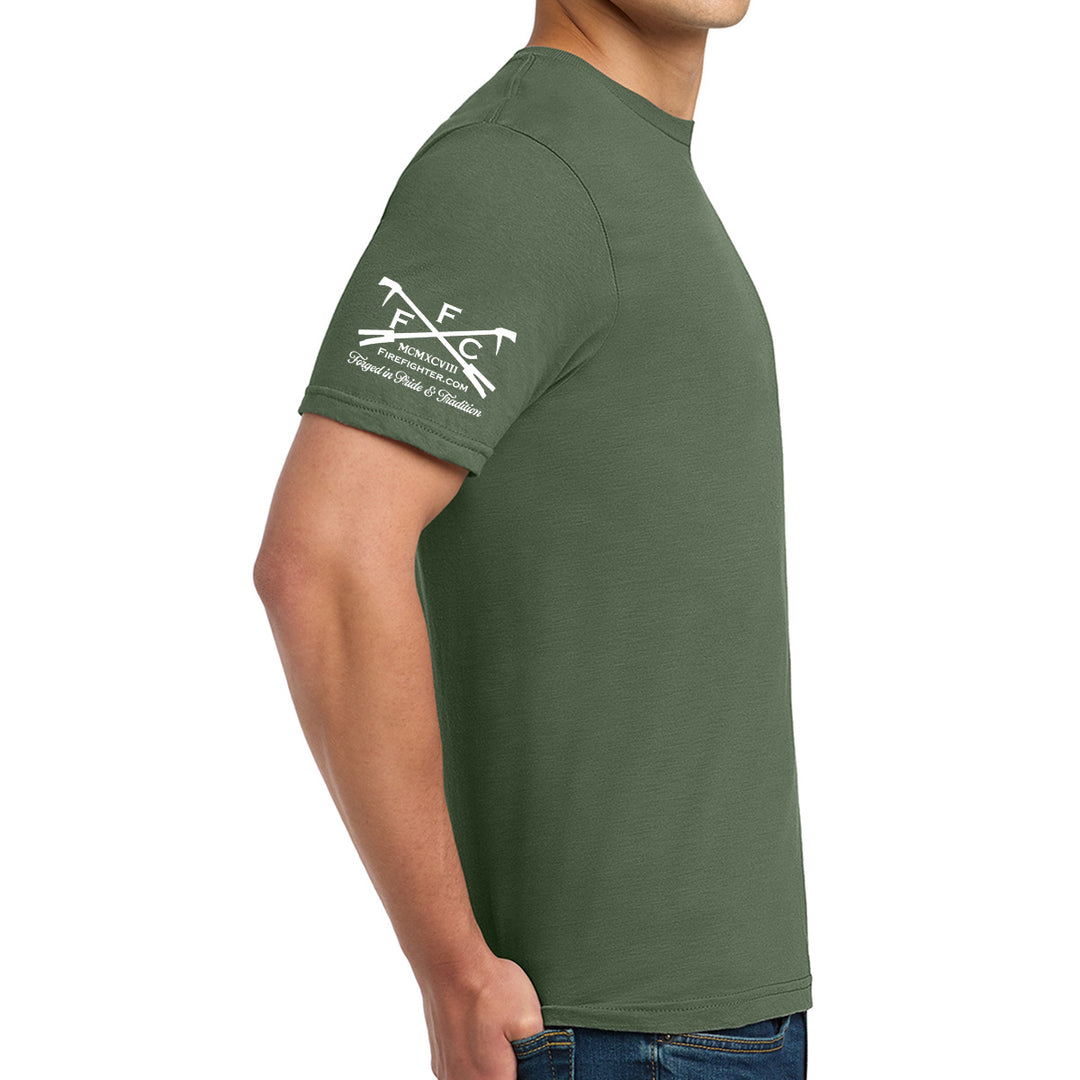 A man wearing an olive green short-sleeve t-shirt with an FFC logo, shown from a side profile view against a plain white background. #color_military-green