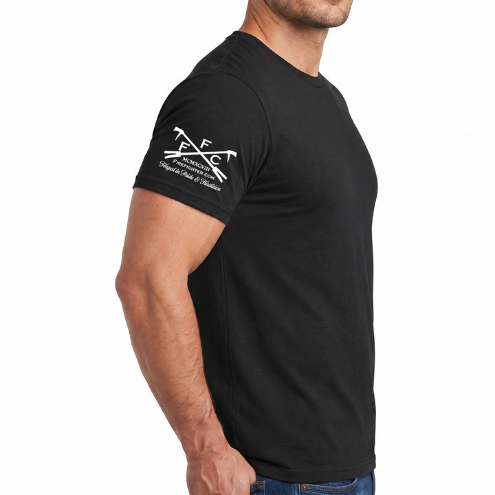 A man wearing a black short-sleeve t-shirt with a white 'FFC' logo and crossed rifles graphic on the left sleeve, shown from a side profile against a white background. #color_black