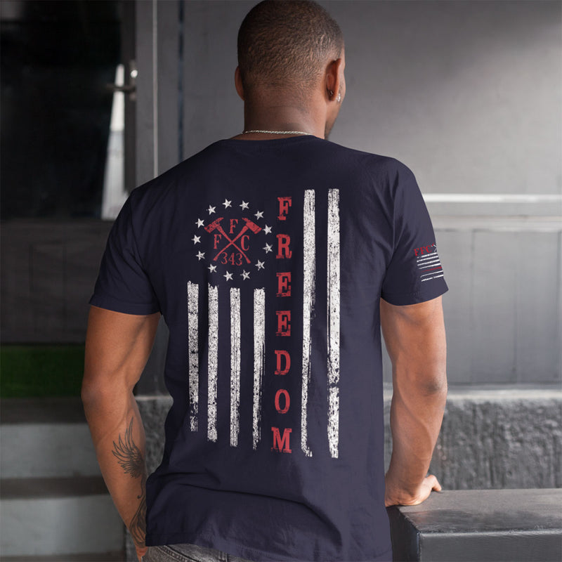 Bold USA flag t-shirt with "FREEDOM" thin red line for firefighters.