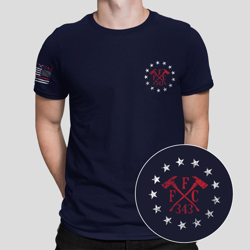 Firefighter shirt with bold back design and "FREEDOM" in red text