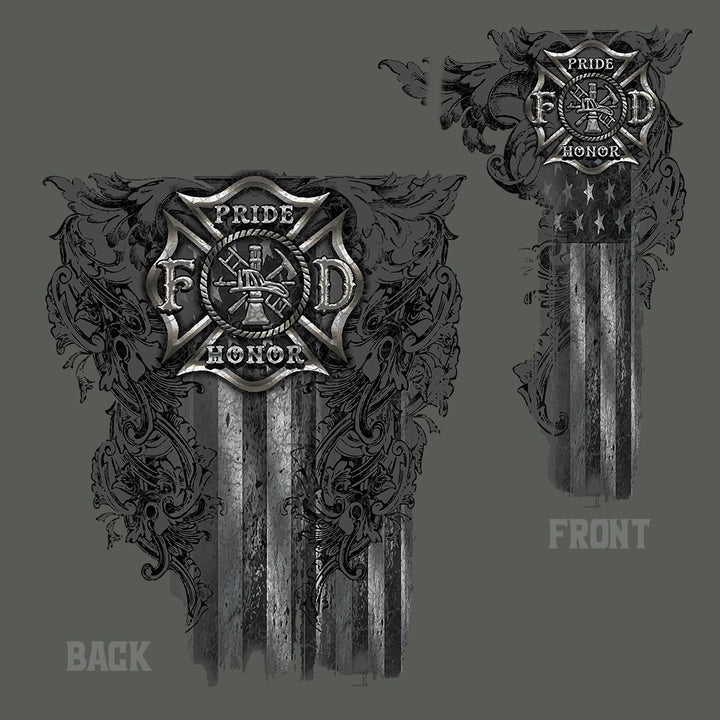 Front and back views of a distressed American flag themed firefighter pride design, featuring a Maltese cross with 'Pride and Honor' and a central firefighter emblem, on a dark gray background. #color_charcoal