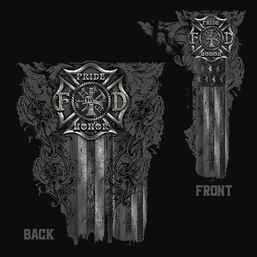 Front and back views of a black graphic design featuring a distressed metallic silver American flag with a Maltese cross firefighter emblem #color_black