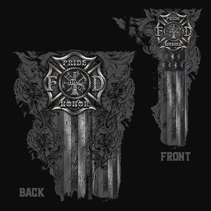 Front and back views of a black graphic design featuring a distressed metallic silver American flag with a Maltese cross firefighter emblem #color_black
