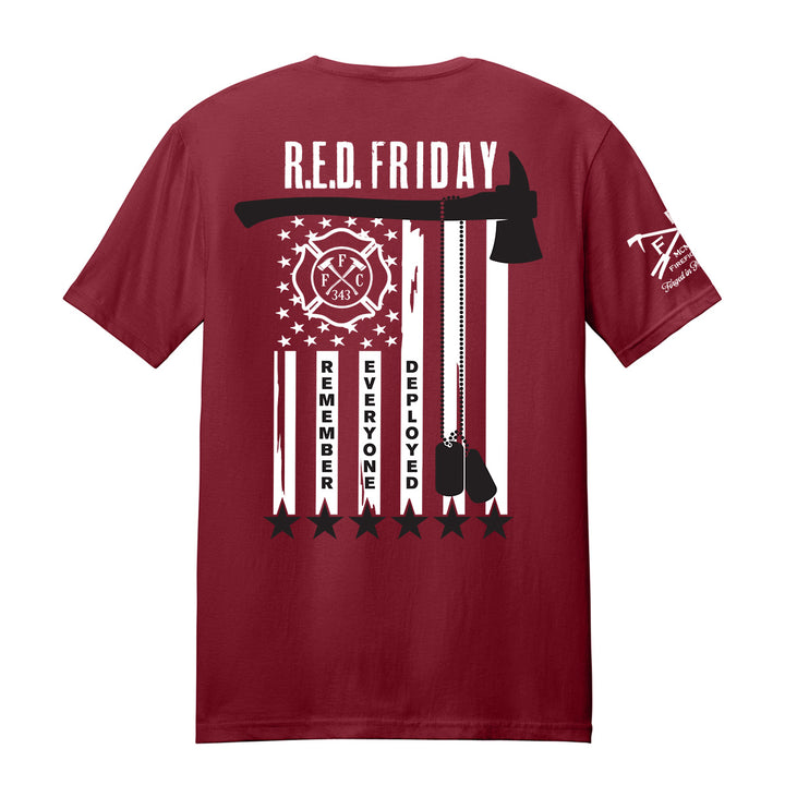 A maroon short-sleeve t-shirt shown from the back, featuring a large RED Friday Firefighter graphic tee