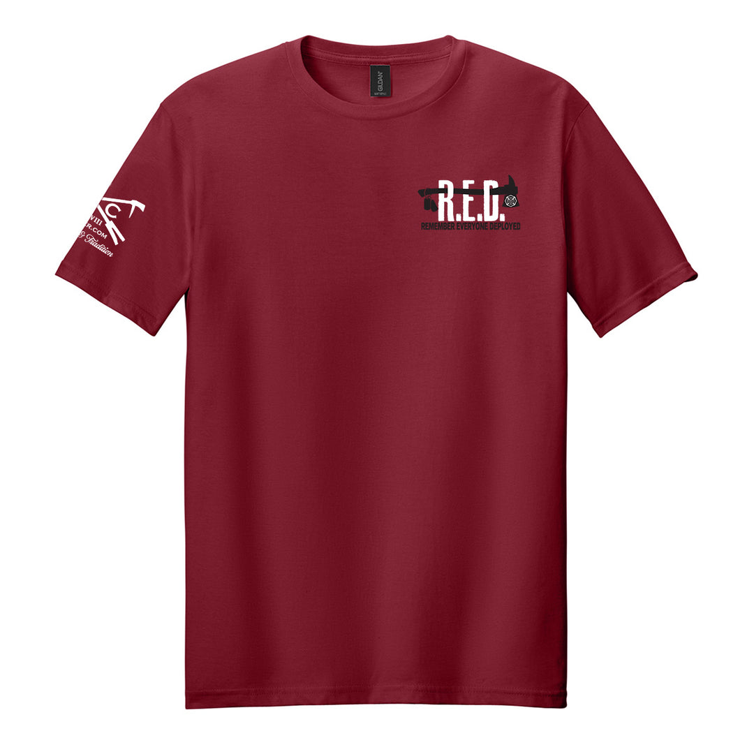 A maroon short-sleeve crewneck t-shirt with the RED Friday Firefighter graphic tee