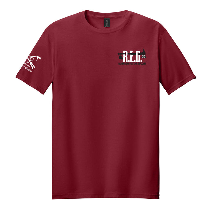 A maroon short-sleeve crewneck t-shirt with the RED Friday Firefighter graphic tee