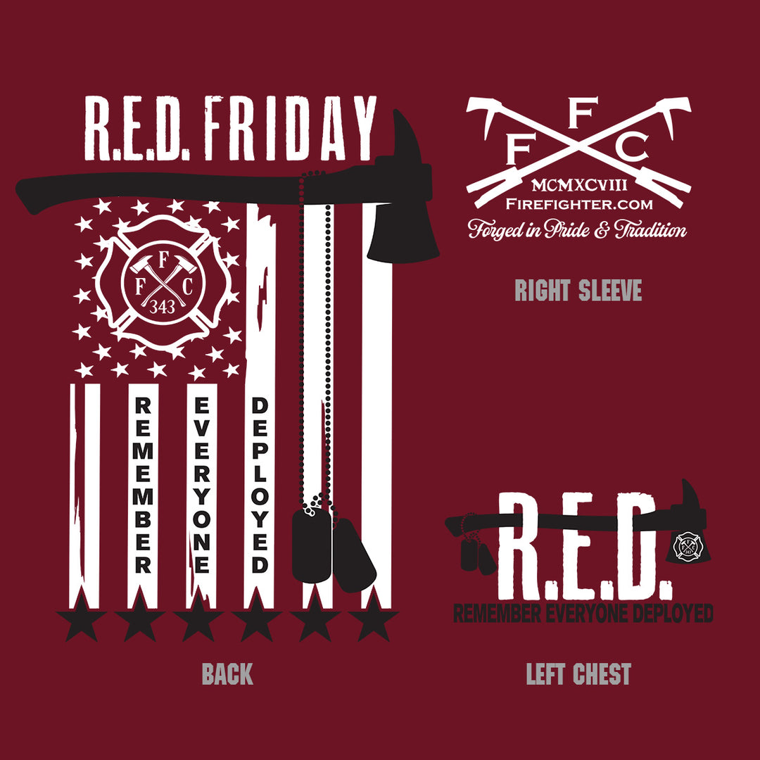 A digital mockup showing a red backgorund with design for back, left chest and right sleeve. T-shirt features RED Friday Firefighter graphic tee
