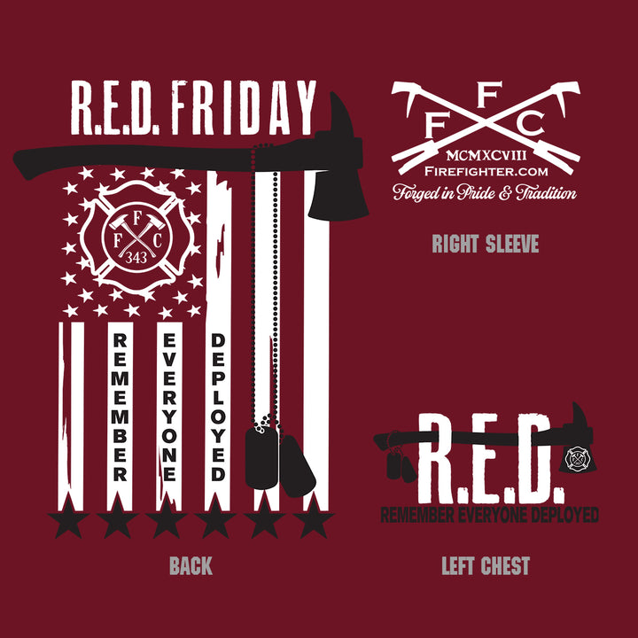 A digital mockup showing a red backgorund with design for back, left chest and right sleeve. T-shirt features RED Friday Firefighter graphic tee