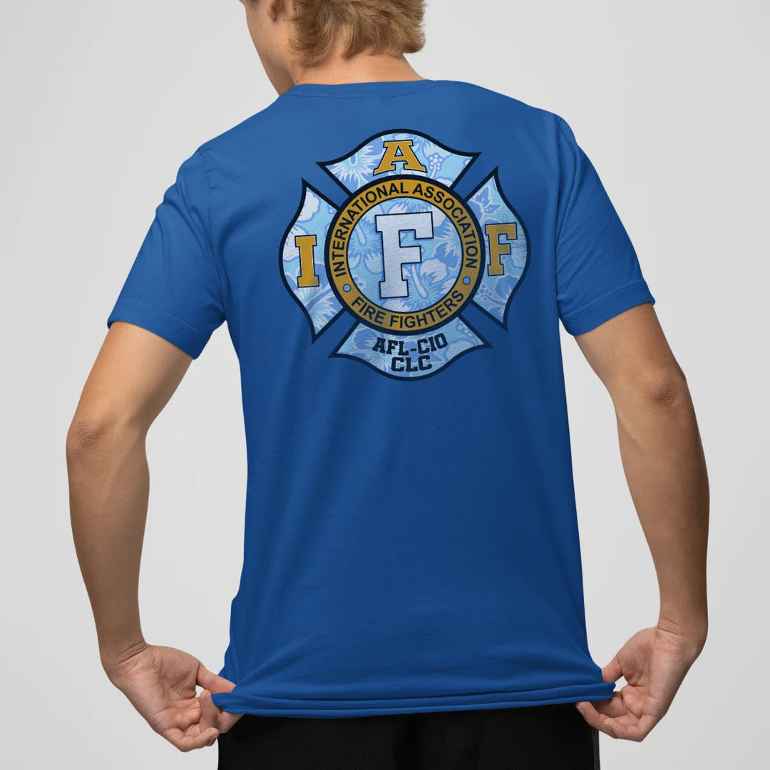 Back design of IAFF Hawaiian Firefighter T-Shirt featuring firefighter-themed Hawaiian print