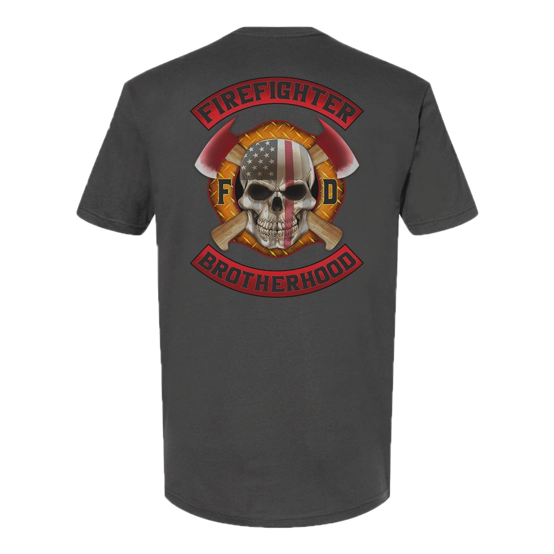 Gray firefighter T-shirt featuring a full back print of a skull design with an American flag and crossed axes, and a matching design on the left chest.