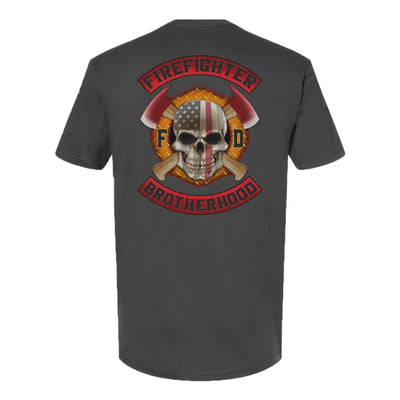 Gray firefighter T-shirt featuring a full back print of a skull design with an American flag and crossed axes, and a matching design on the left chest.