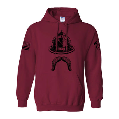 Front view of firefighter hoodies in cardinal red color with a full  front print of Firefighter helmet and a mustache design perfect for fire department apparel.