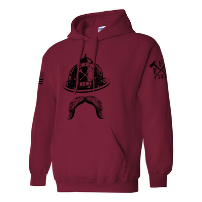 Left side view of a firefighter hoodies in cardinal red color with the FFC 343 firefighter logo printed.