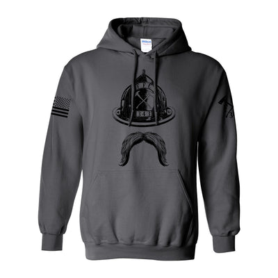 Front view of firefighter hoodies in heavy metal color with a full  front print of Firefighter helmet and a mustache design perfect for fire department apparel.