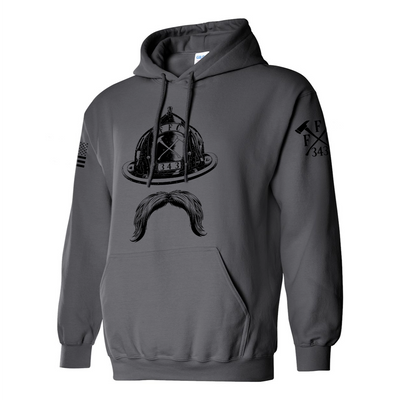 Left side view of a firefighter hoodies in heavy metal color with the FFC 343 firefighter logo printed.