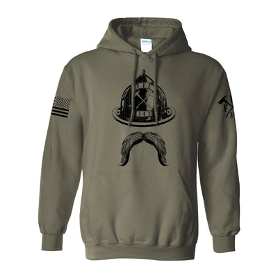 Front view of firefighter hoodies in military green color with a full  front print of Firefighter helmet and a mustache design perfect for fire department apparel.