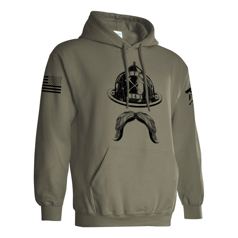 Left side view of a firefighter hoodies in military green with the FFC 343 firefighter logo printed.