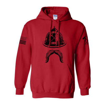 Front view of firefighter hoodies in red color with a full  front print of Firefighter helmet and a mustache design perfect for fire department apparel.