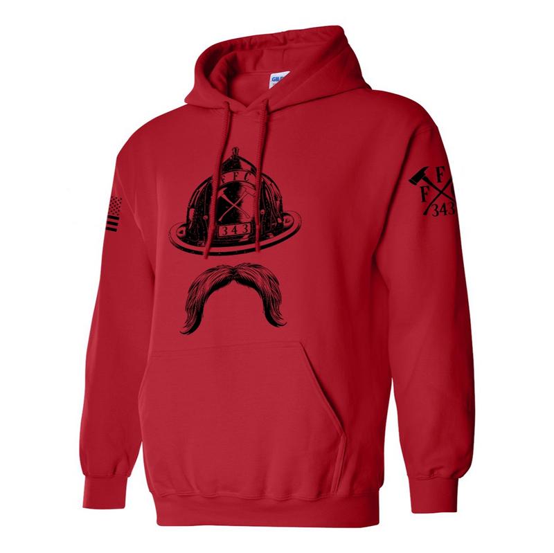 Left side view of a firefighter hoodies in red with the FFC 343 firefighter logo printed.