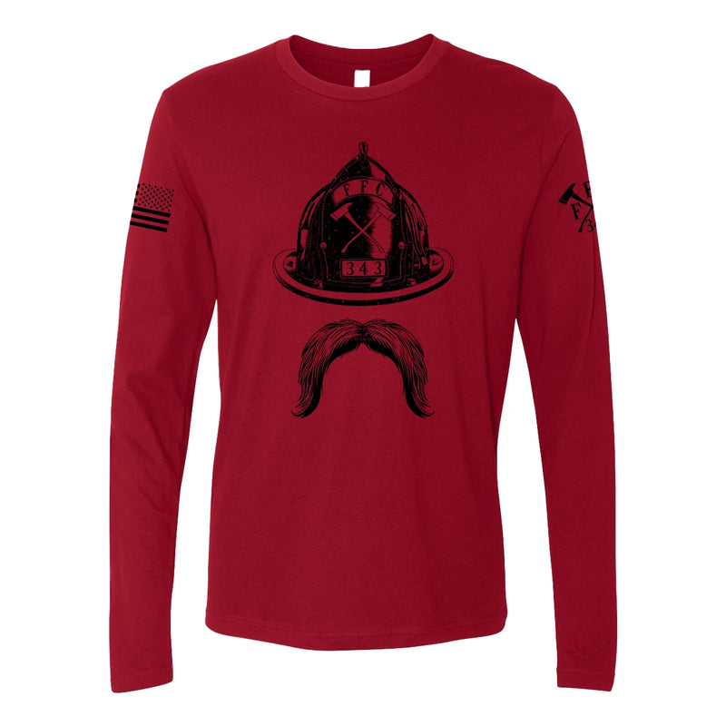 Front view of firefighter long sleeve in cardinal red color with a full  front print of Firefighter helmet and a mustache design perfect for fire department apparel.