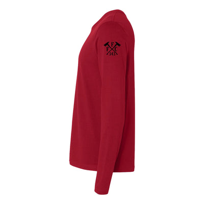 Left side view of a firefighter long sleeve in cardinal red color with the FFC 343 firefighter logo printed.