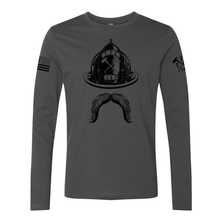 Front view of firefighter long sleeve in heavy metal color with a full  front print of Firefighter helmet and a mustache design perfect for fire department apparel.