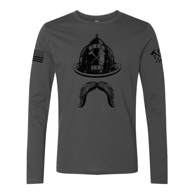 Front view of firefighter long sleeve in heavy metal color with a full  front print of Firefighter helmet and a mustache design perfect for fire department apparel.