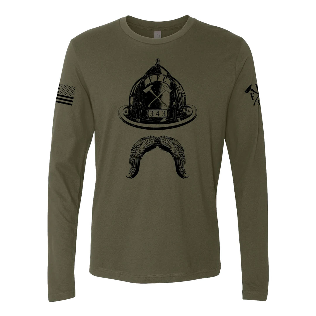 Front view of firefighter long sleeve in military green color with a full  front print of Firefighter helmet and a mustache design perfect for fire department apparel.