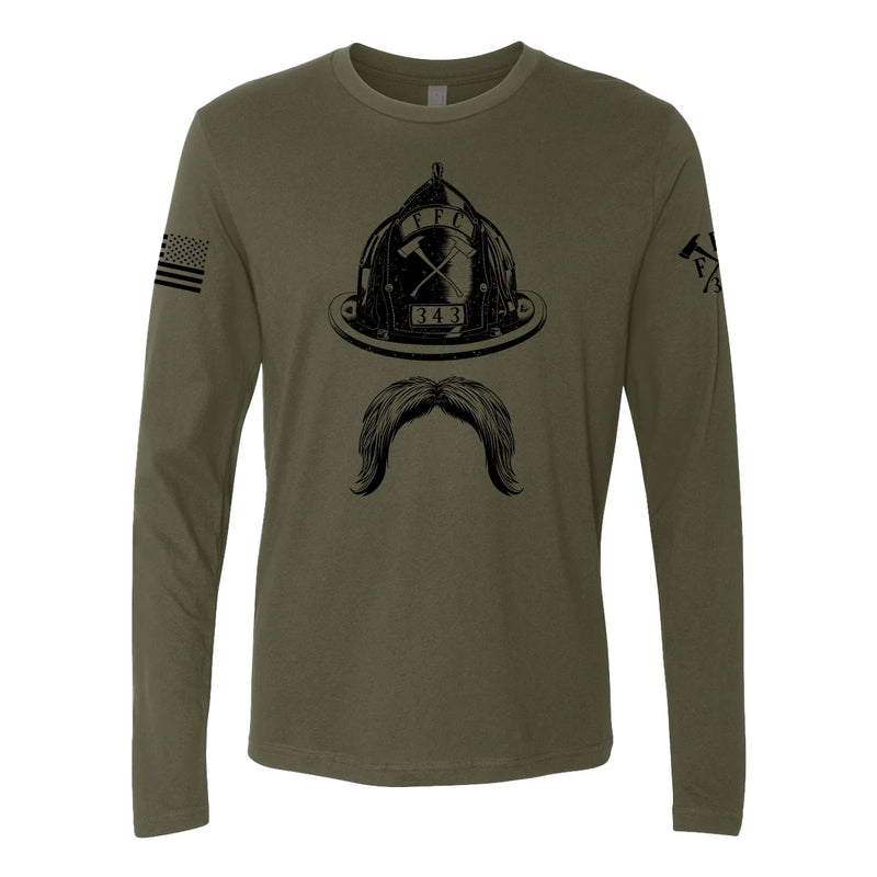 Front view of firefighter long sleeve in military green color with a full  front print of Firefighter helmet and a mustache design perfect for fire department apparel.