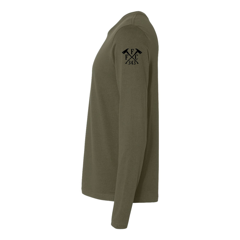 Left side view of a firefighter long sleeve in military green with the FFC 343 firefighter logo printed.