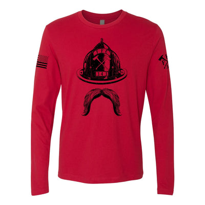 Front view of firefighter long sleeve in red color with a full  front print of Firefighter helmet and a mustache design perfect for fire department apparel.