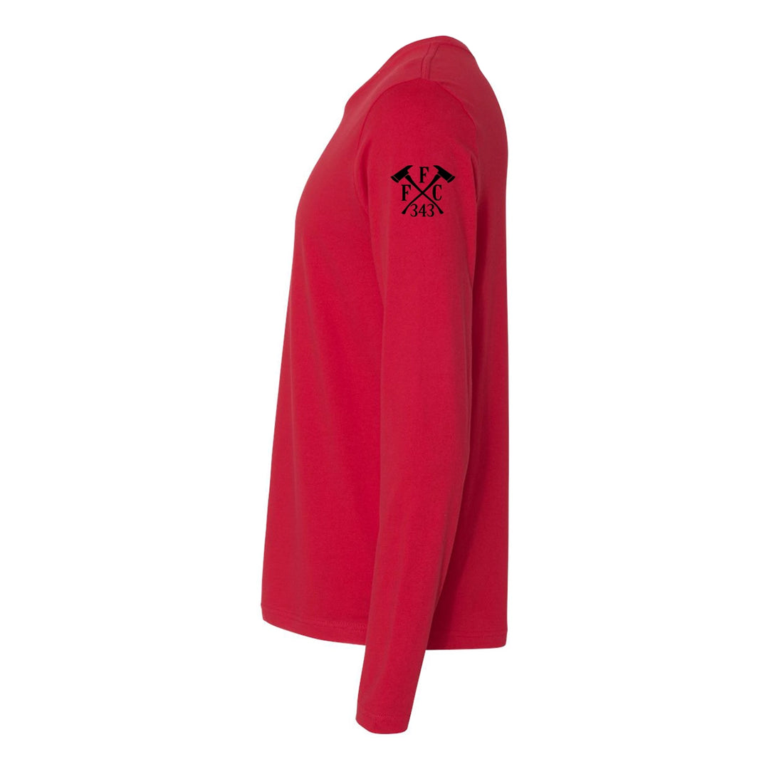 Left side view of a firefighter long sleeve in red with the FFC 343 firefighter logo printed.