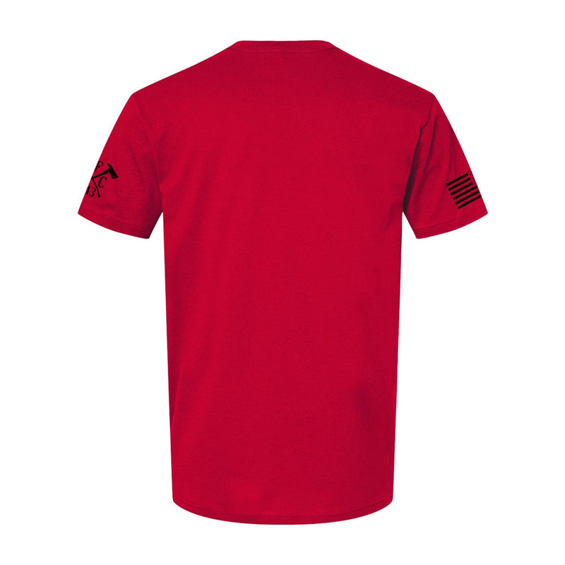 Back view of red firefighter t-shirt, showing plain back design. Left sleeve features firefighter logo, right sleeve with USA flag.