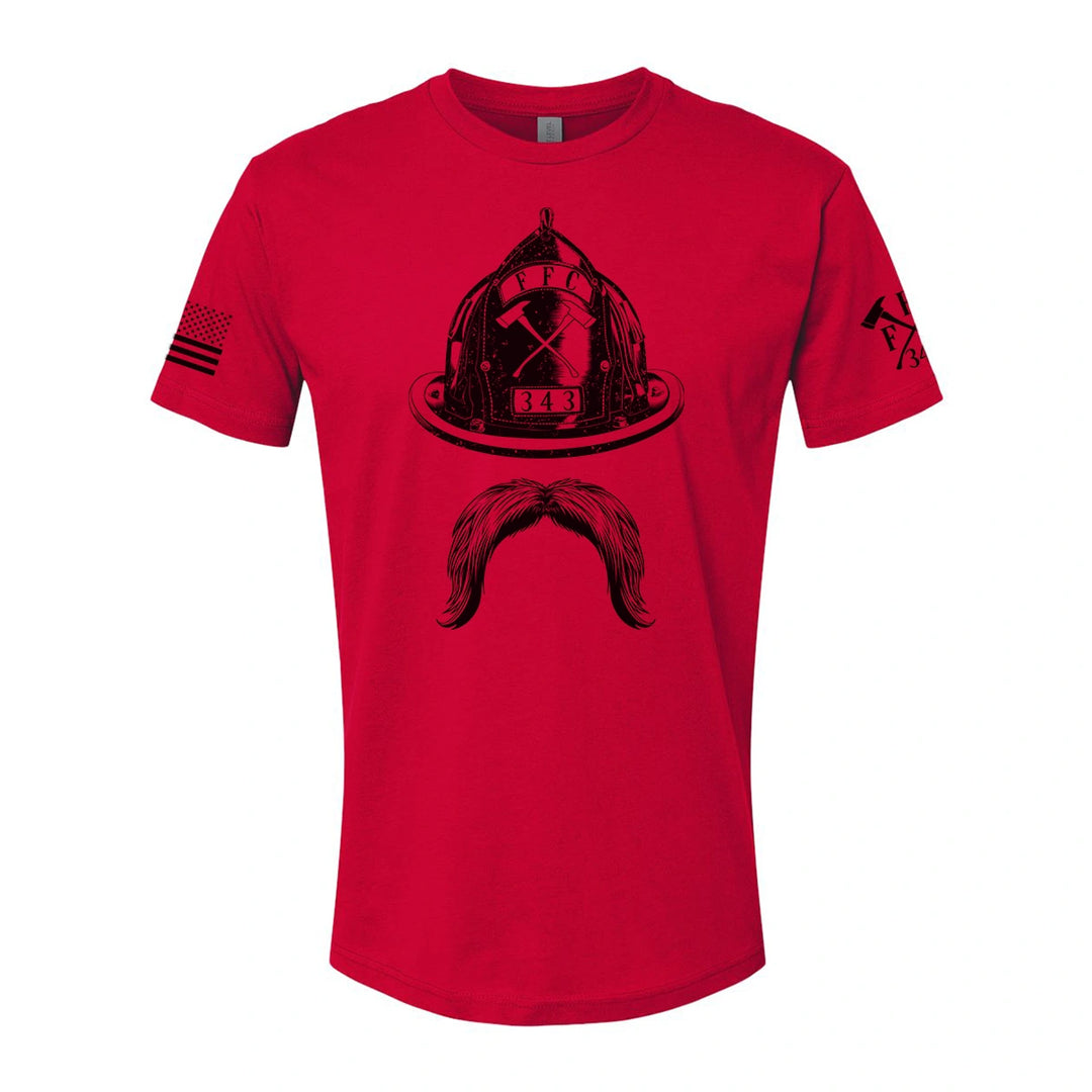 Front view of firefighter T-Shirt in red color with a full  front print of Firefighter helmet and a mustache design perfect for fire department apparel.