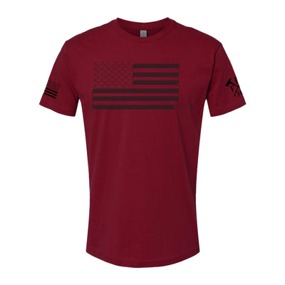 Front view of firefighter T-Shirt in cardinal red color with a full  front print of USA flag and a sword design perfect for fire department apparel