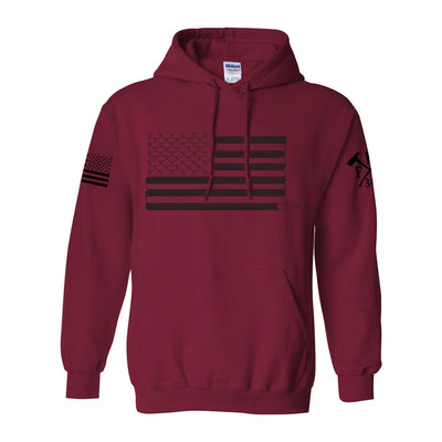 Front view of firefighter hoodies in cardinal red color with a full front print of USA flag and a sword design perfect for fire department apparel