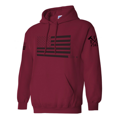 Right side view of a firefighter hoodies in cardinal red color with the USA flag printed.