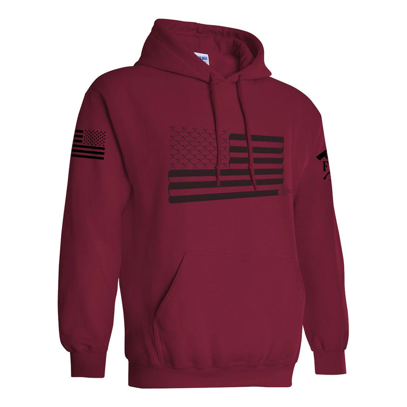 Left side view of a firefighter hoodies in red color with the FFC 343 firefighter logo printed.