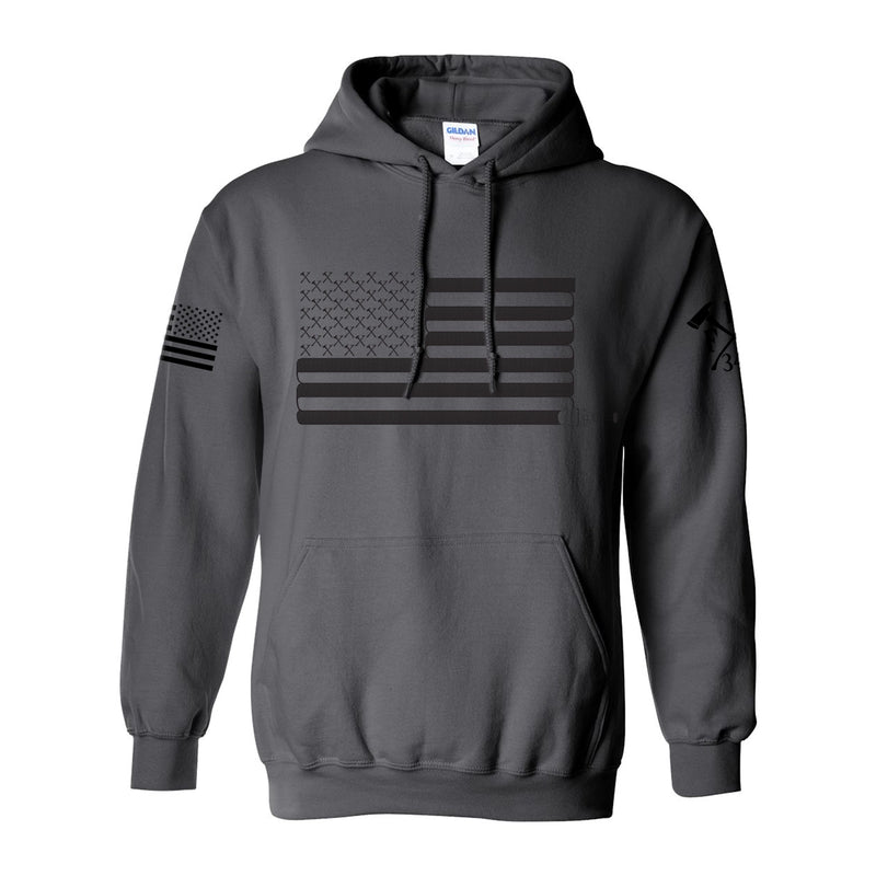 Front view of firefighter hoodies in heavy metal color with a full front print of USA flag and a sword design perfect for fire department apparel