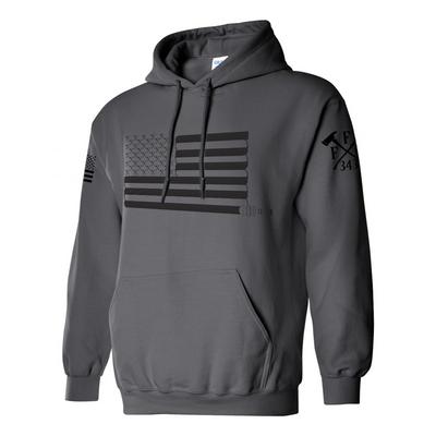 Left side view of a firefighter hoodies in heavy metal color with the FFC 343 firefighter logo printed.