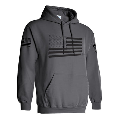 Right side view of a firefighter hoodies in heavy metal color with the USA flag printed.