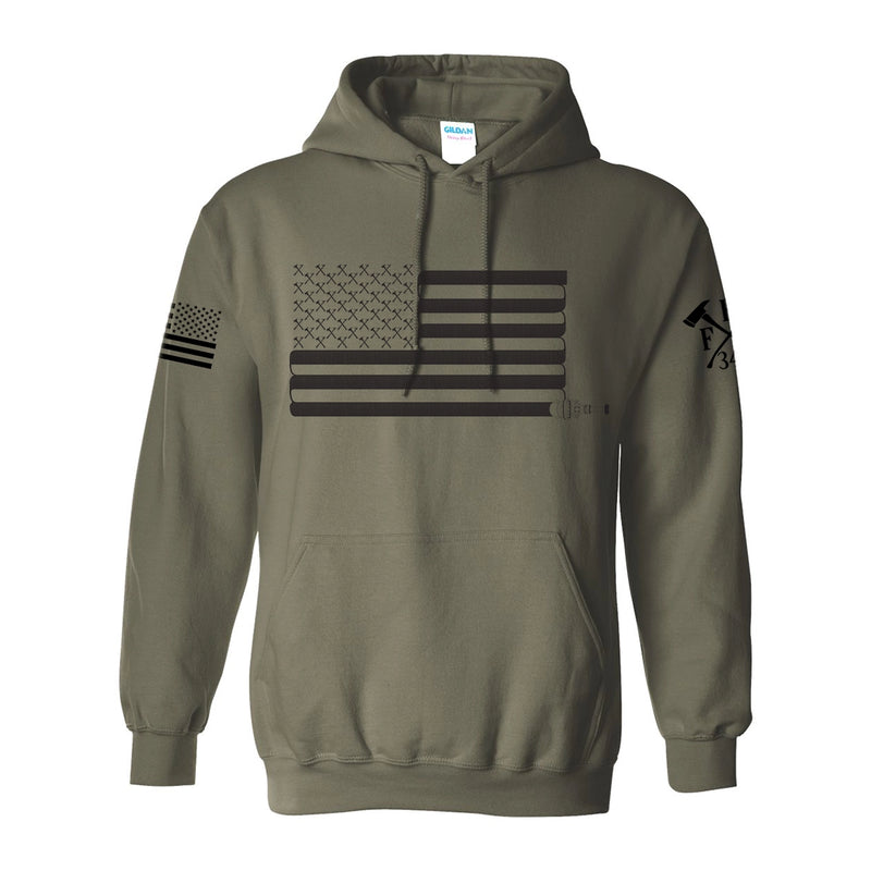 Front view of firefighter hoodies in military green color with a full front print of USA flag and a sword design perfect for fire department apparel